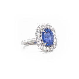 Cushion blue ceylon oval sapphire 4.69 ct round diamonds 1.28 ct platinum cocktail ring