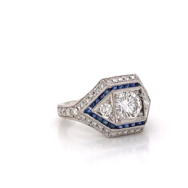 Diamond Center 0.67 carat French Cut Blue Ceylon Saphire 0.32 carat cocktail platinum ring
