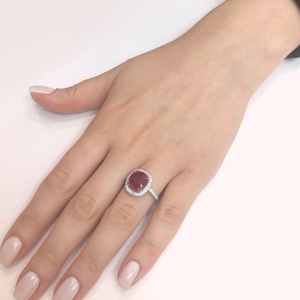 Burmese cushion ruby 5.06 carat diamond cocktail platinum ring