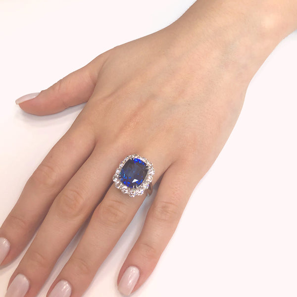 Ceylon Cushion Sapphire 12.28 Carat Diamonds Platinum Cocktail Ring