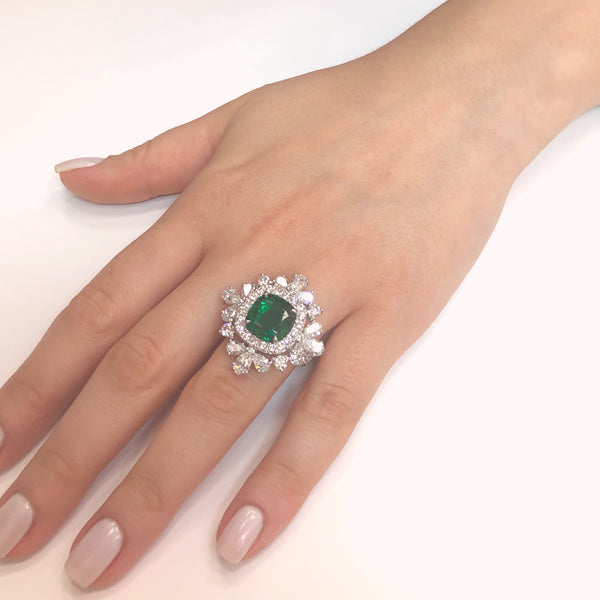 Certified Zambian Cushion Cut Emerald 4.65 Carat Diamond Platinum Cocktail Ring
