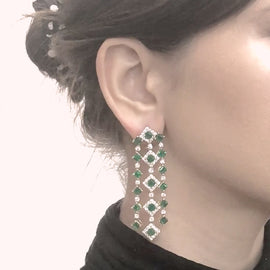 Zambian Square Cut Emerald 11.09 Carat Diamond 18 Karat Gold Chandelier Earrings