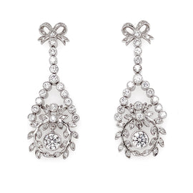 Round Diamond Ribbon Floral Motif Dangling 2.61 Carat Platinum Earrings
