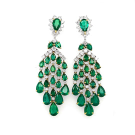 Zambian Pear Cut Emeralds 23.82 carat Diamonds Chandelier 18k Gold Earrings