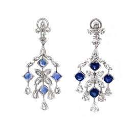 Ceylon Cushion Cut Blue Sapphires 7.73 Carat Diamond Chandelier Platinum Earrings