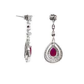 Burmese Pear Cut Ruby 3.61 Carat Diamond Dangling Platinum Earrings
