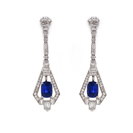 Art Deco Inspired Ceylon Oval Cut Sapphire 5.89 Carat Diamond Platinum Earrings