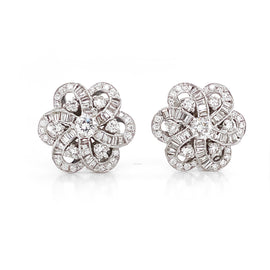 Round and Baguette Cut Diamonds 4.37 Carat Flower Inspired 18 Karat Gold Earrings