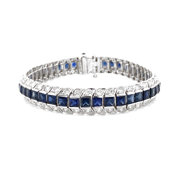 Ceylon Square Cut Blue Sapphires 13.75 Carat Diamond Platinum Link Bracelet