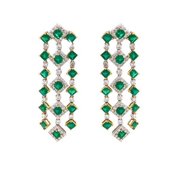 Zambian Square Cut Emerald 11.09 Carat Diamond 18 Karat Gold Chandelier Earrings